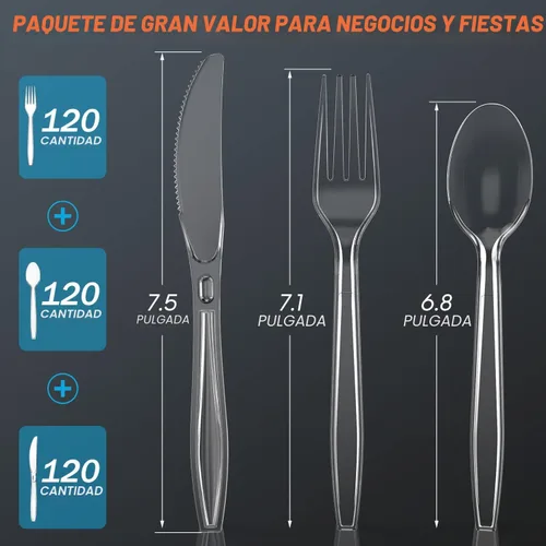 Miniatura 2 de Juego de 360 piezas de cubiertos de plástico plateado resistente, 120 tenedores, 120 cucharas, 120 cuchillos, cubiertos desechables plateados