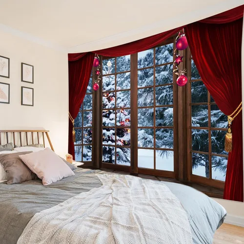 Miniatura 23 de LB Tapiz de Navidad de invierno, ventana de invierno exterior, pino nevado en bosque, tapiz de pared para dormitorio, paisaje de montaña, arte