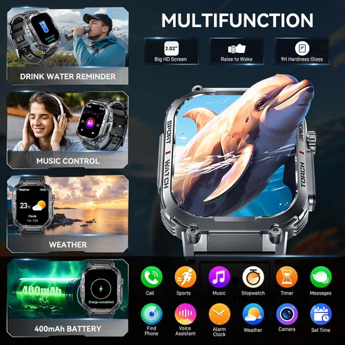 Miniatura 7 de Reloj inteligente militar para hombre, resistente al agua, 3 ATM, con linterna de llamadas/LED, pantalla grande HD de 2.02 pulgadas, reloj