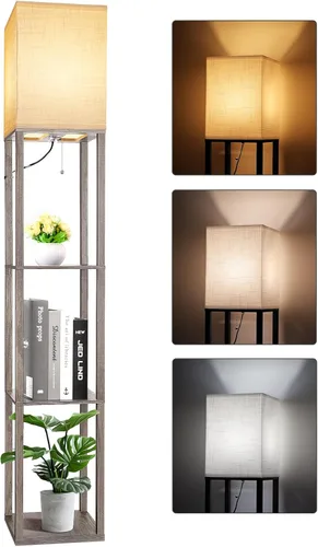 Miniatura 18 de Lámpara de pie RUNTOP Plus con estantes, lámpara de estante con bombilla LED de 15W, 3 colores, función de memoria, estante de exhibición ancho