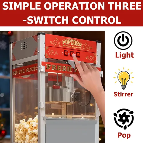 Miniatura 5 de Máquina comercial para palomitas de maíz de 32 oz con carrito - Hervidor de acero inoxidable con ruedas, bandeja calefactora y vidrio templado