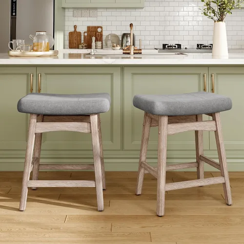 Miniatura 21 de MAISON ARTS Juego de 4 taburetes de bar grises para encimera de cocina, patas de madera maciza con asiento de silla de montar de piel sintética