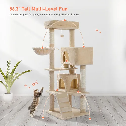 Miniatura 6 de Árbol para gatos de interior, 2 acogedores condominios con espaciosa percha superior, torre para gatos de varios niveles de 56.3 pulgadas con postes