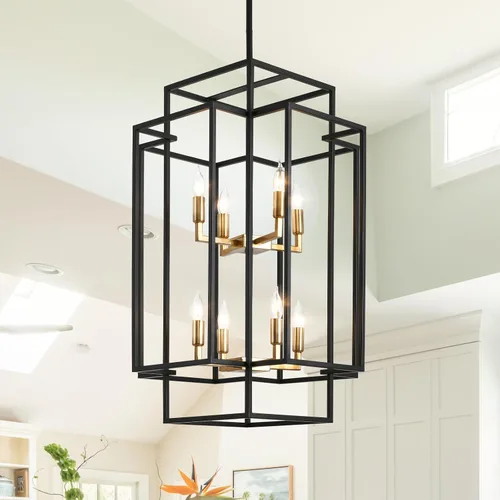 Miniatura 9 de Candelabro de techo alto para vestíbulo: 8 luces de granja para entrada, lámparas colgantes grandes industriales para entrada, escalera, pasillo