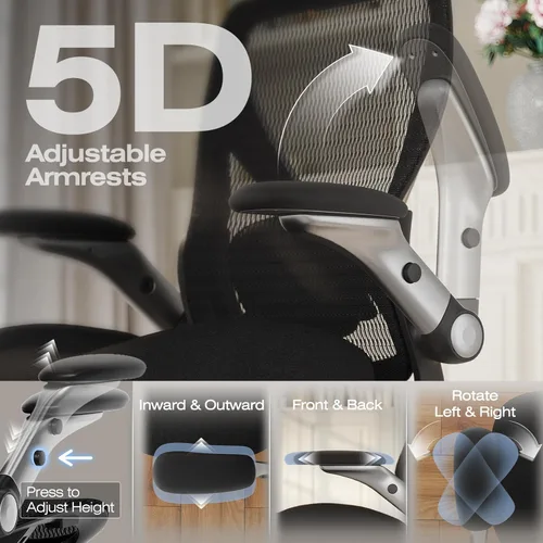 Miniatura 4 de ELABEST X100 Silla de oficina ergonómica de malla, silla grande y alta para el hogar con brazos plegables 5D, soporte lumbar ajustable 3D, sillas