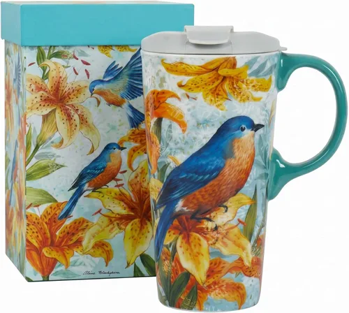Miniatura 16 de Taza de viaje de cerámica de hortensia de jilguero de 17 onzas con tapa, taza de café floral de pájaro verde azulado con caja de regalo, taza de té