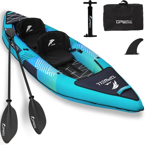 UPWELL Kayak recreativo inflable de 13'6"/11' – 2 personas con piso de punto de caída y accesorios, incluyendo asientos de kayak con soporte de