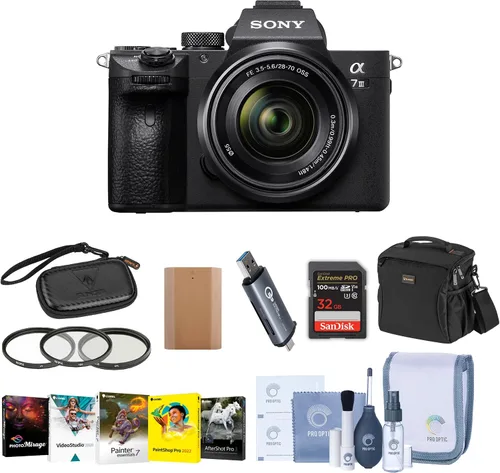 Sony Alpha a7 III - Cámara sin espejo de 24MP UHD 4K con lente de 1.102-2.756 in, paquete de tarjeta SDHC U3 de 32 GB, funda para cámara, kit de