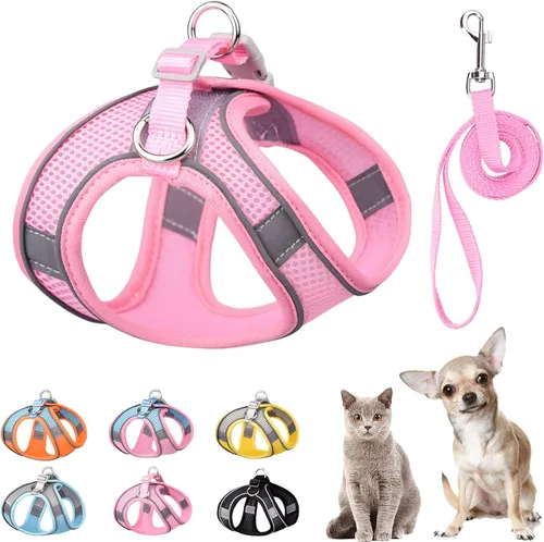 Miniatura 14 de Juego de arnés y correa suave para perros pequeños y pequeños, arnés de malla para cachorros, correa de fácil paseo, chaleco ajustable reflectante