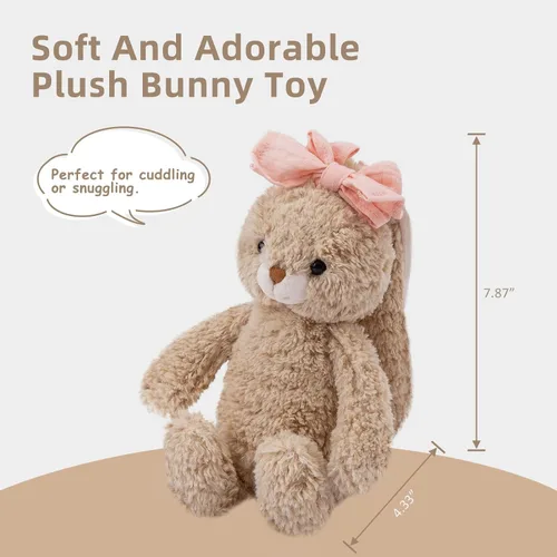 Miniatura 5 de Animal de Peluche Conejito Suave Juguete Tierno de 8'' de Largo - Conejito de Peluche Marrón de Orejas Largas con Lazo Rosa Juguetes de Peluche