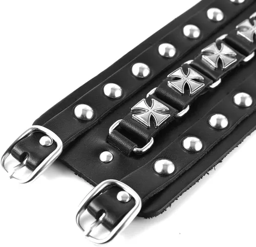 Miniatura 6 de STWTR Pulsera de cuero para hombre estilo punk rock, brazalete ancho tipo cinturón de motocicleta