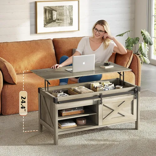 Miniatura 5 de WLIVE Mesa de Centro con Tapa Elevable, Mesa de Centro Estilo Granja de 39.4 pulgadas con Gran Compartimento de Almacenamiento Oculto, Puertas