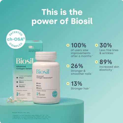 Miniatura 2 de Biosil Suplemento potenciador de colágeno - 60 cápsulas veganas - Activador patentado ch-OSA para piel, cabello, uñas y articulaciones - Apoya