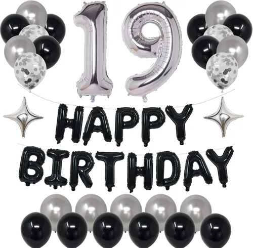 Miniatura 30 de Decoraciones de fiesta de cumpleaños color negro y plateado para niños y niñas, suministros de fiesta de cumpleaños número 14 con pancarta negra
