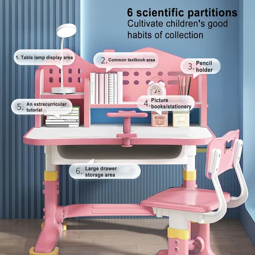 Miniatura 2 de Juego de escritorio y silla ajustable para niños con almacenamiento, cajones, estantería, mesa de escritura y tareas para niños, escritorio