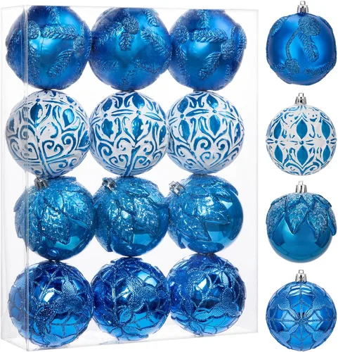 Hollyone Adornos de bola de Navidad de 3.15 pulgadas / 80 mm, azul, 12 piezas, irrompibles, juego de adornos en relieve para árbol de Navidad,