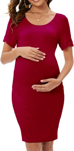 ZIUMUDY Vestido ajustado de maternidad fruncido con cuello redondo y manga corta para baby shower, embarazo, vestido casual