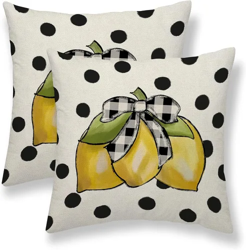 Miniatura 25 de Juego de 2 fundas de almohada con lunares negros de 16 x 16 pulgadas, fundas decorativas estilo bohemio con rayas para exteriores, fundas