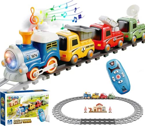 Tren de juguete con control remoto para niños, conjunto de tren con luces y música con vapor de agua para niños y niñas de 3-8 años, conjunto de