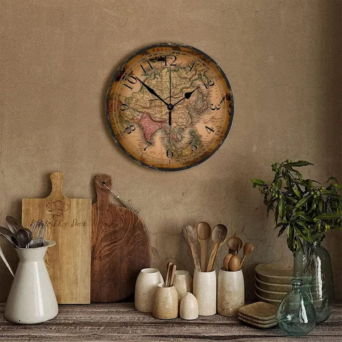 Miniatura 3 de Reloj de pared de madera de 15 pulgadas, ligero, ligero, estilo vintage, mapa del viejo mundo, reloj de madera redondo, estilo antiguo
