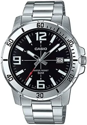 Casio MTP-VD01D-1BV - Reloj deportivo analógico casual para hombre, acero inoxidable, esfera negra, plateado, 48×42×10.7mm, movimiento de cuarzo