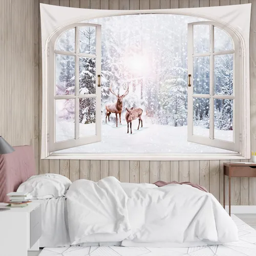 Miniatura 9 de WEENEO Tapiz de bosque de invierno, ventana, exterior, pino, Navidad, escena de nieve, tapiz de naturaleza, plantas, montaña bajo azul estrellado