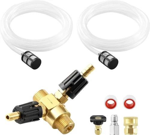 JOEJET inyector aguas abajo para lavadora a presión, kit de inyección de químicos de doble reborde ajustable con conexión rápida de 3/8 pulgadas,