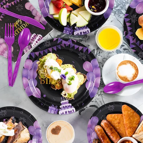 Miniatura 4 de Juego de vajilla de 168 piezas de suministros para fiesta de cumpleaños morados y negros, platos, cuchillos, tenedores, cucharas, tazas