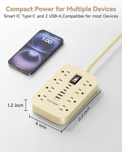 Miniatura 7 de Beige Power Strip with USB Ports - 5 FT Flat Extension Cord, 1625W Decorative Extension Cord with 8 AC Outlet 6 USB, Indoor Use for Beige Cream Desk