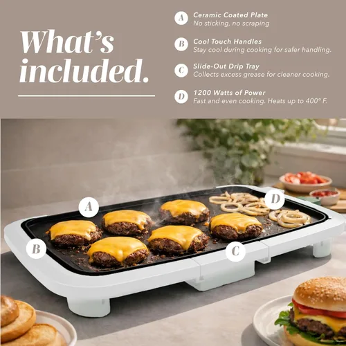 Miniatura 2 de COOK WITH COLOR Plancha eléctrica de 1200 W, superficie antiadherente para panqueques, hamburguesas, huevos y más, control de temperatura extraíble