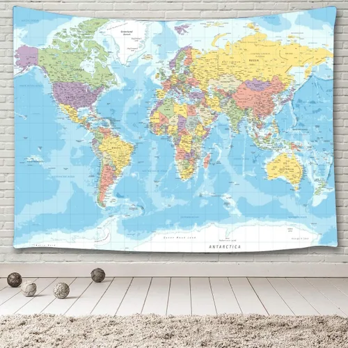 Miniatura 4 de TOMOZ Tapiz de mapa del mundo para colgar en la pared para niños y estudiantes, mapa del mundo con países y ciudades principales, tapiz educativo