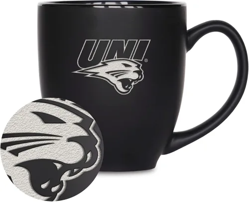 Miniatura 410 de Rico Industries - Taza de cerámica mate negra con grabado láser estándar de 15oz para NCAA (escuelas T & U) - Para bebidas calientes o frías