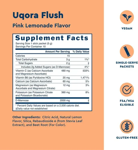 Miniatura 3 de Uqora Flush - Tracto urinario* con D-manosa, vitamina C, vitamina B6, potasio, magnesio y calcio - Sin gluten y vegano - Sabor a limonada rosa - 10
