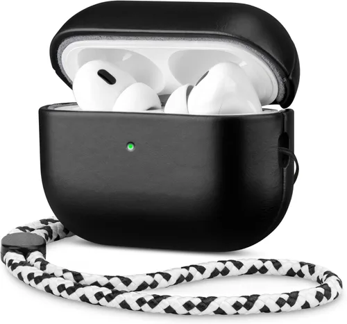 Miniatura 13 de Maogoam Funda de cuero genuino para AirPods Pro 2, botón de sincronización, diseño de clip en D con cordón de mano, funda de cuero encerado