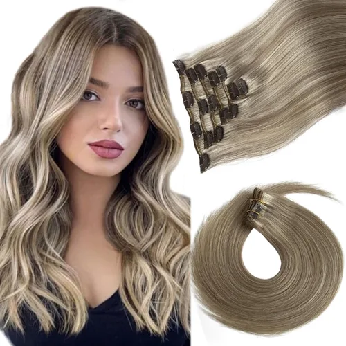 Miniatura 20 de Extensiones de cabello humano real con clip, de 12 pulgadas, para mujer, color rubio plateado, balayage, 2.47 oz, 7