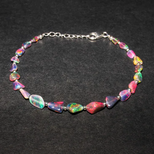 Miniatura 2 de Cuentas de piedra de ópalo de fuego etíope negro con pulsera de bola de plata para mujer, cristal curativo, joyería de piedra natal hecha a mano