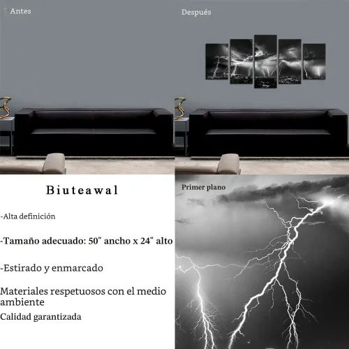 Miniatura 6 de Biuteawal - Arte de pared en blanco y negro de la naturaleza, relámpagos en las nubes, pintura sobre lienzo, tormenta y vista nocturna de la ciudad
