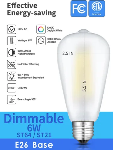 Miniatura 2 de Bombillas LED Edison de 6 W regulables (equivalente a 60 W), luz diurna de 4200 K, bombillas LED Edison de 600 lm E26 ST64 de vidrio esmerilado