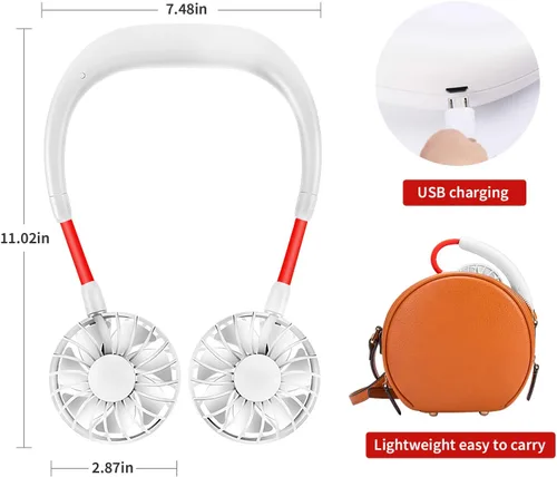 Miniatura 7 de Ventilador de cuello portátil y recargable, manos libres de carga USB con 3 velocidades ajustables y rotación libre de 360º, perfecto para Blanco