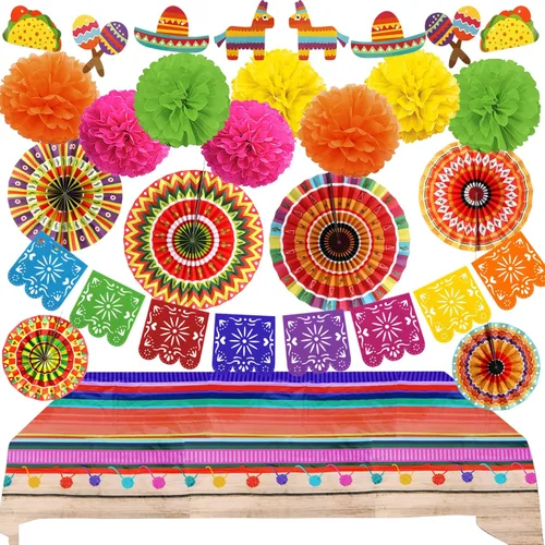 Decoraciones de fiesta, mantel multicolor para abanicos de papel, pompones, decoraciones mexicanas de plástico de papel picado para fiesta,