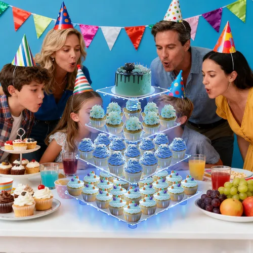 Miniatura 2 de YestBuy Soporte de Cupcakes Acrílico de 4 Niveles Soporte de Pasteles para Té de la Tarde Soporte Grande para Cupcakes Torre de Cupcakes Soporte Azul