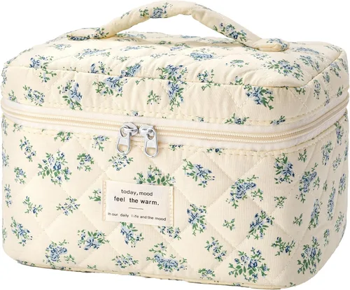 Miniatura 24 de HBselect Bolsa de Maquillaje Acolchada, Bolsa de Maquillaje Grande de Algodón para Viaje, Lindas Bolsas de Maquillaje con Flores Coquette, Bolsas