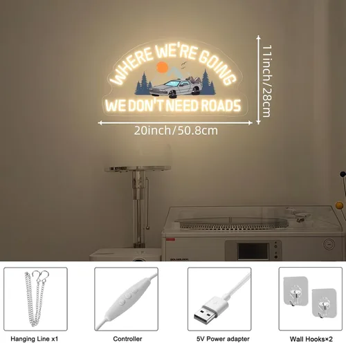 Miniatura 5 de Letrero de neón personalizado con texto en inglés «Where We're Going We Don't Need Roads», neón LED retro para decoración de pared, USB regulable