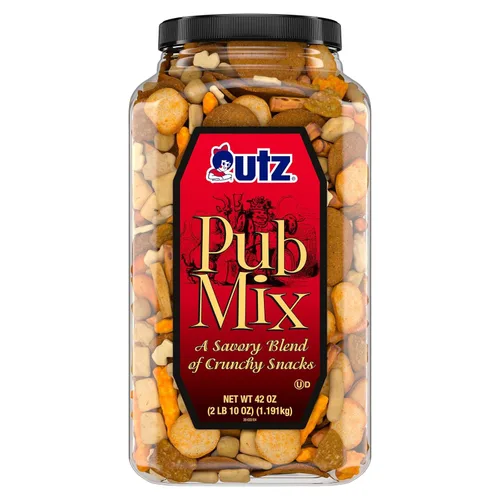 Utz Pub Mix, 42 onzas. Barril, mezcla de bocadillos sabrosos con una mezcla de sabores crujientes para un delicioso aperitivo de fiesta, recipiente