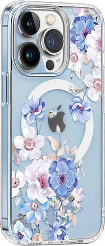 Miniatura 7 de Funda magnética transparente para iPhone 13 Mini [compatible con MagSafe Charger] patrón de estampado floral de flores, funda delgada antiarañazos
