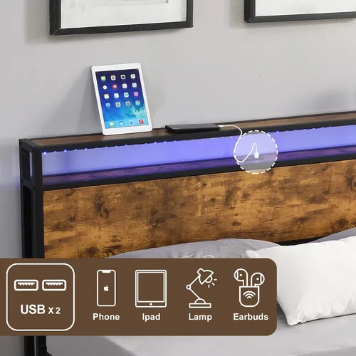 Miniatura 5 de Base de cama de tamaño matrimonial con luces LED y 2 puertos USB, base de cama de plataforma de metal industrial con cabecera de madera