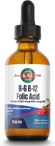 KAL Vitamina B-6 B-12 Ácido Fólico DropIns, Gotas de Suplemento Líquido de Vitamina B, Salud del Corazón, Energía, Soporte de Glóbulos Rojos con
