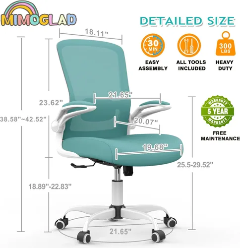 Miniatura 2 de Mimoglad Silla de oficina ergonómica de malla con respaldo alto, soporte lumbar ajustable, cojín de asiento grueso (moderno, azul Tiffany)