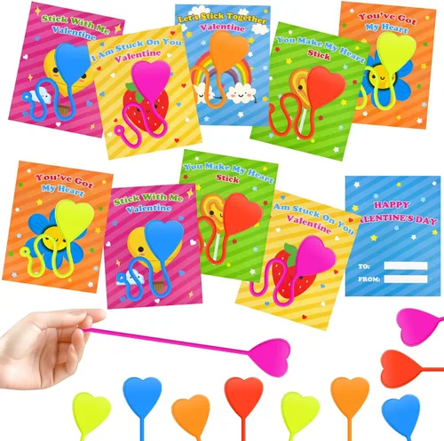 Juguetes de mano adhesivos de San Valentín con tarjetas para el aula de niños, paquete de 20 unidades, manos pegajosas, regalos de San Valentín para
