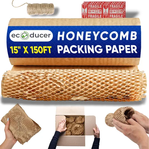 Miniatura 13 de Papel de embalaje de panal de 12 x 100 pies para suministros de mudanza con 24 calcomanías frágiles y cordel de yute de 100 pies.